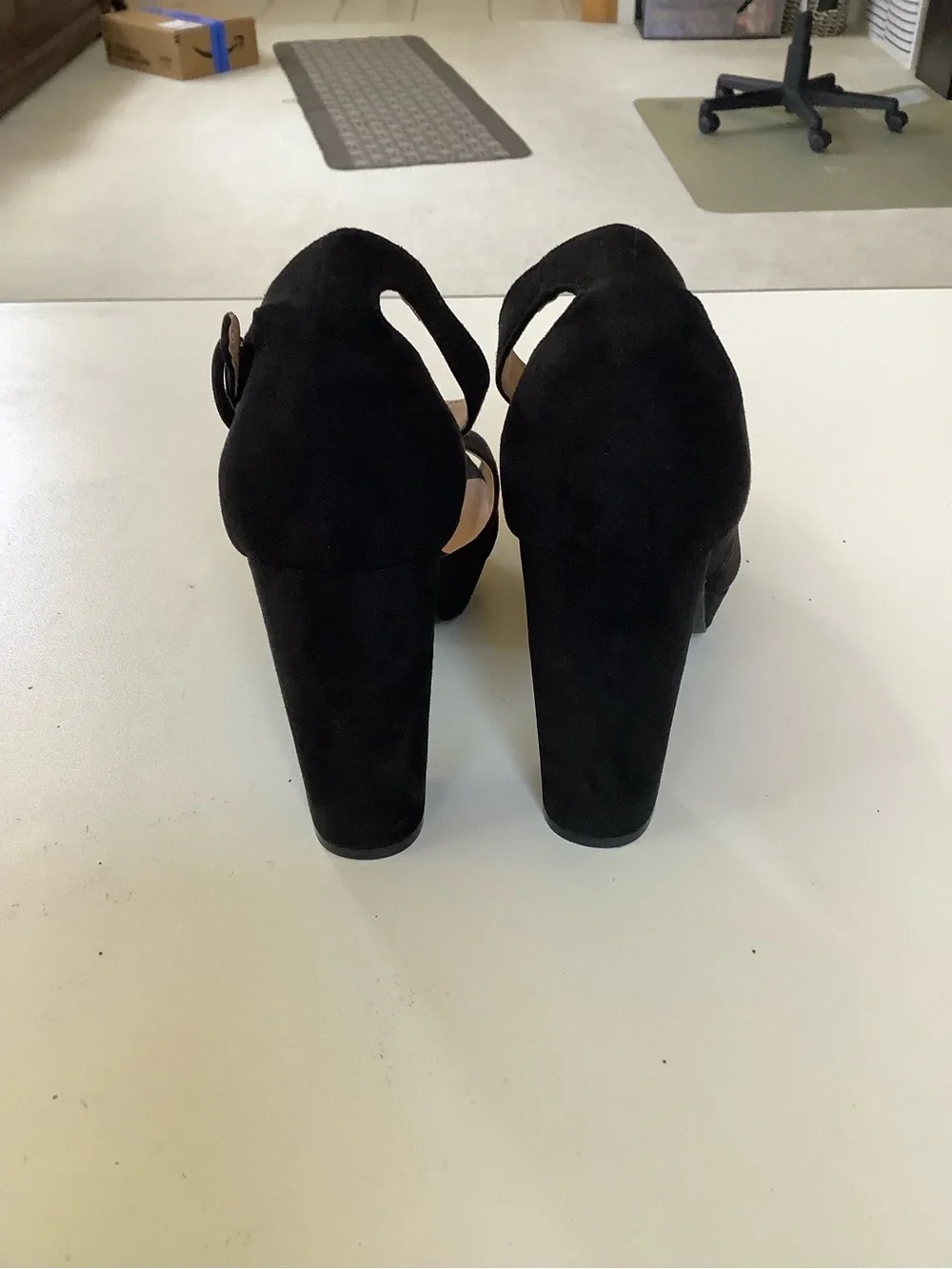 American Eagle Black Suede Platform Peep-Toe Heels with Ankle Buckle 5.5 - Picture 3 of 7